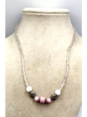 Beaded Necklace With Pink White & Silver Accents On Transparent Beaded Strand
